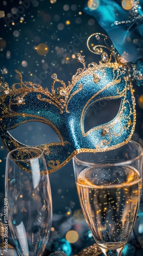 Elegant blue glitter mask and champagne glass set against a sparkling festive...