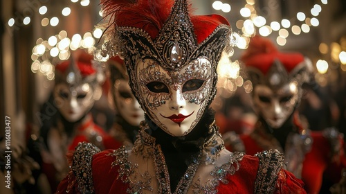Masks and costumes at a vibrant carnival celebration in the evening lights of...