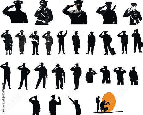 Silhouettes of Military Personnel with Weapons. U.S. Soldiers, Veterans, and Female Special Forces in Various Poses. Army Figures Symbolizing Pride, Honor, and Service. photo