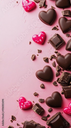 Indulgent chocolates in heart shapes arranged on a pink background for a roma...