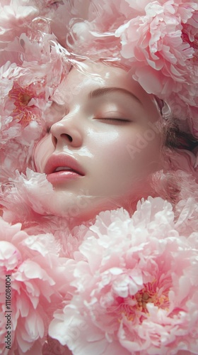 Beauty encased in soft pink flowers captures a serene moment of tranquility a...