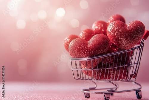 Glittering red hearts fill a shopping cart against a soft pink background dur...