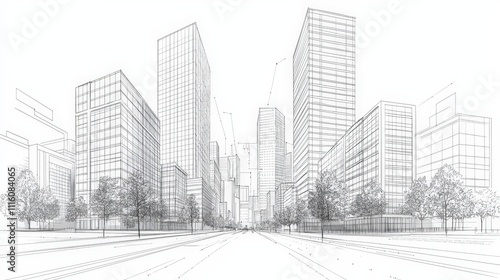 A cityscape with tall buildings and trees