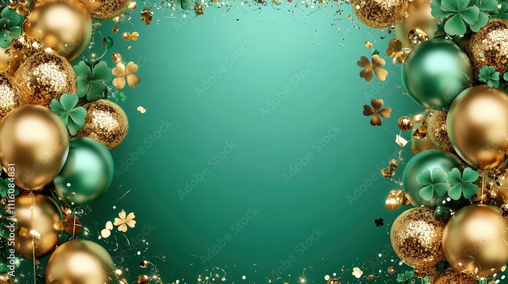 Festive St. Patrick's Day Celebration Background with Golden and Green Balloons, Shamrocks, and Sparkling Elements for Party Banners Festive St. Patrick's Day Celebration Background with Golden and Green Balloons, Shamrocks, and Sparkling Elements for Party Banners
