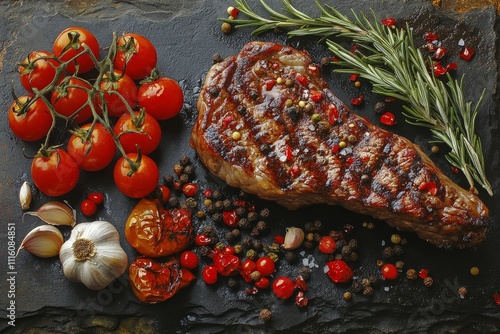 Grilled steak garnished with fresh tomatoes, garlic, and herbs on dark stone ...