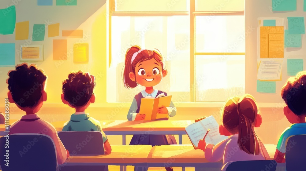 A girl presents in a classroom, engaging her classmates with enthusiasm and joy. A girl presents in a classroom, engaging her classmates with enthusiasm and joy.