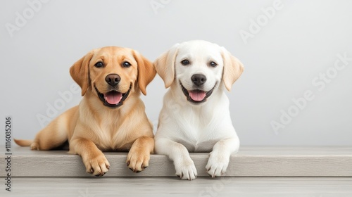 Cute puppies posing together in a bright room with a turquoise background