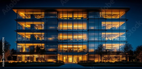 Modern building facade illuminated at night showcasing urban architecture and...