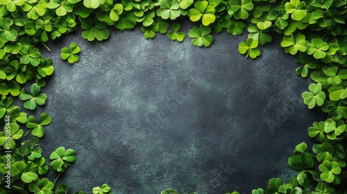 Bright green clover leaves frame textured dark surface for natural decor