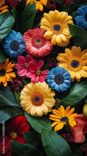 Vibrant display of colorful flowers surrounded by lush green leaves in a natu...