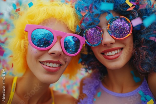 Colorful festival celebration with friends wearing vibrant costumes and party...