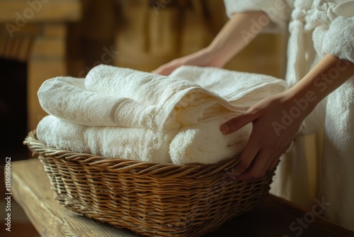 Soft white towels neatly arranged in a basket at a serene spa environment
