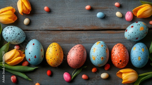 Colorful decorated eggs with flower patterns and petals on rustic wood surface
