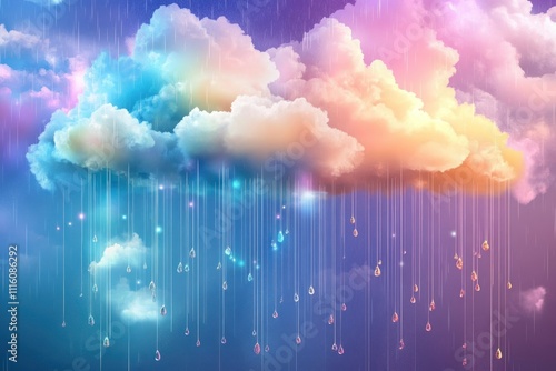 Soft Colorful Clouds with Delicate Raindrops Falling Against a Dreamy Gradient Background, Capturing the Essence of Serenity and Natural Beauty in a Digital Art Landscape
