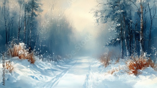 Winter pathway illuminated by lamps in a snowy park during evening fog