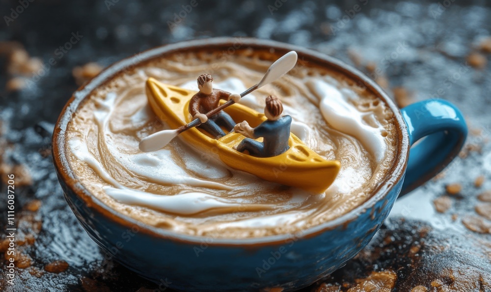 Fototapeta premium Miniature people kayaking in a cup of coffee, with swirling cream resembling rapids, 3D and whimsical