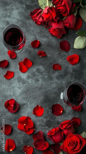 Romantic setting with red roses and wine glasses on a dark surface