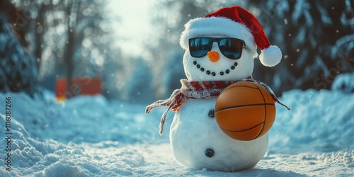 Snowman wearing sunglasses and a Santa hat enjoys a winter day playing basketball in a snowy landscape