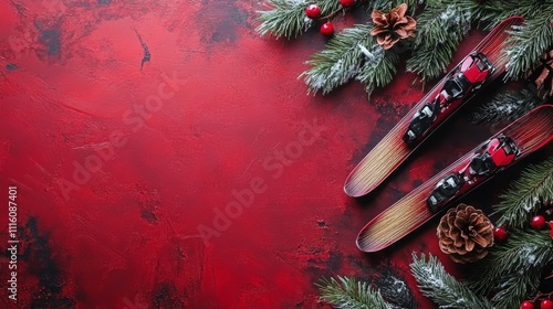 Festive winter decor with vintage skis and pine branches on a red background