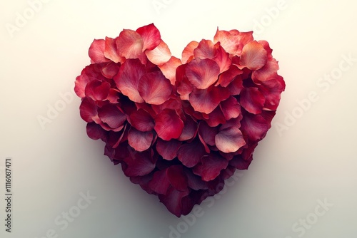 Heart made of red rose petals glowing softly in warm light during romantic se...