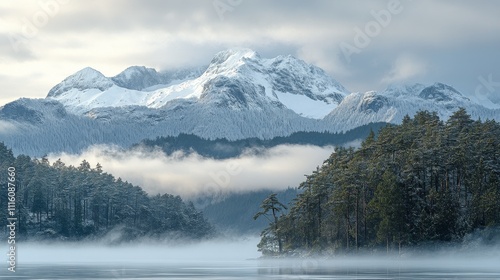 Snowcapped mountains loom over tranquil waters surrounded by lush evergreen t...