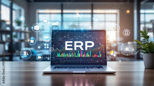 Obraz na płótnie Business Professional Using ERP Software for Secure Online HR Management with Office Desk Background in Wide Banner Design w salonie
