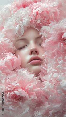Beauty encased in soft pink flowers captures a serene moment of tranquility a...