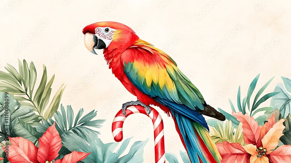 Obraz premium Colorful Parrot Sitting on a Candy Cane Perch Surrounded by Tropical Leaves and Flowers, Ideal for Holiday and Nature-Themed Designs