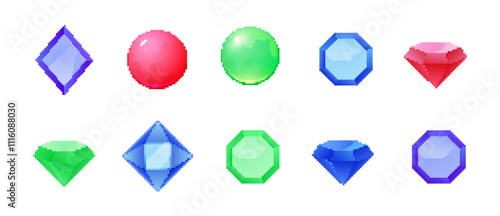Pixel gemstone set. Vibrant jewels retro-style pixel diamond ruby design sapphire.
