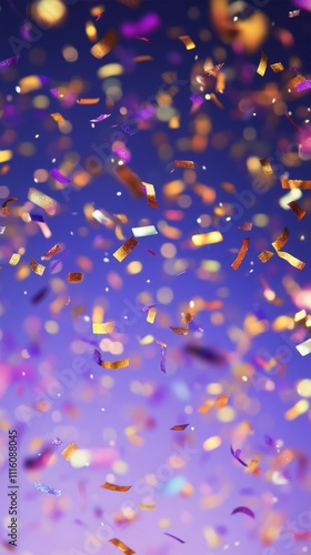 Colorful confetti falling in a celebratory atmosphere with purple background