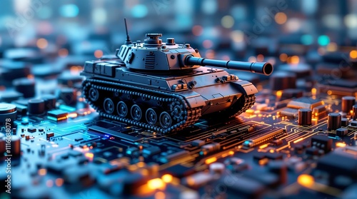 Close Up of Military Tank on Computer Board Representing AI Control in Warfare and Microchip Manufacturing Race in Wide Banner Design photo