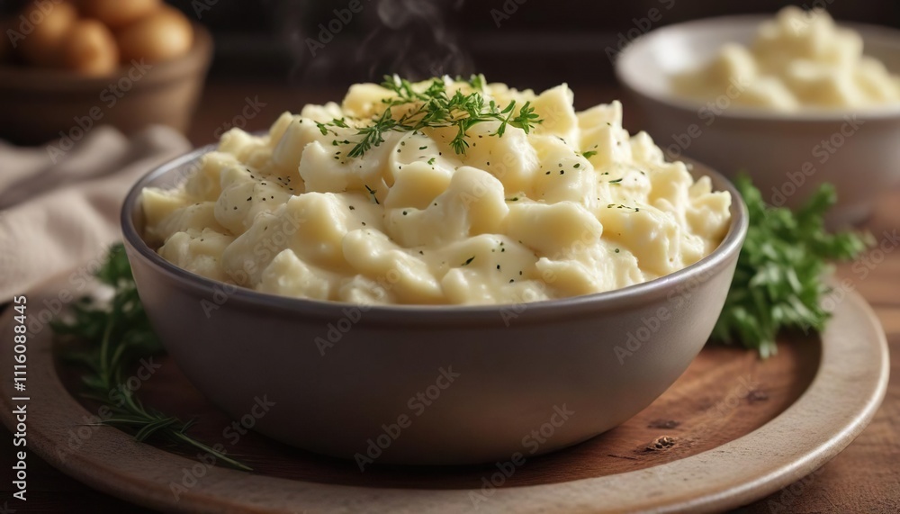 A steaming hot bowl of creamy mashed potatoes on a plate, potato soup, Thanksgiving sides, comfort food A steaming hot bowl of creamy mashed potatoes on a plate, potato soup, Thanksgiving sides, comfort food