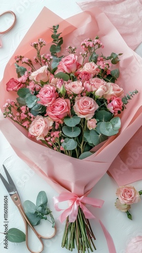Beautiful pink rose bouquet arranged in soft wrapping at a well lit space