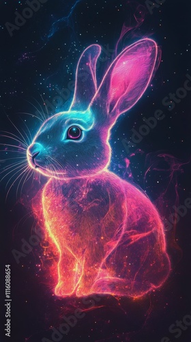 Neon rabbit illuminated with vibrant pink and blue colors against a dark back...