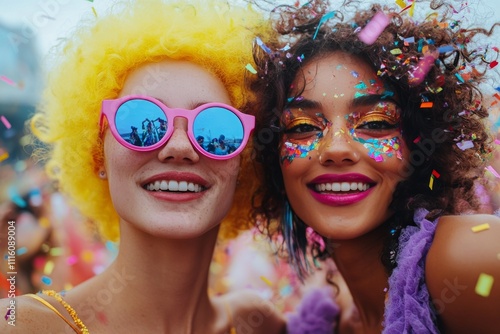 Colorful festival celebration with friends wearing vibrant costumes and party...