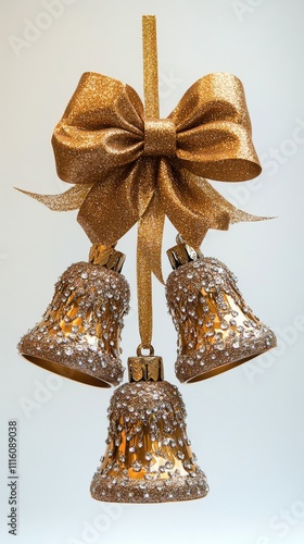 Decorative golden bells hang elegantly with a sparkling bow for festive celeb...