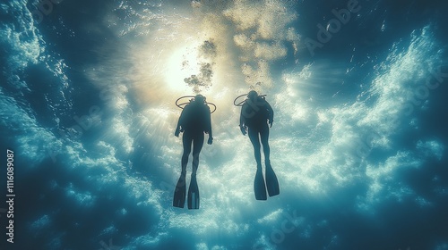 Divers explore underwater world under sunlit ocean surface