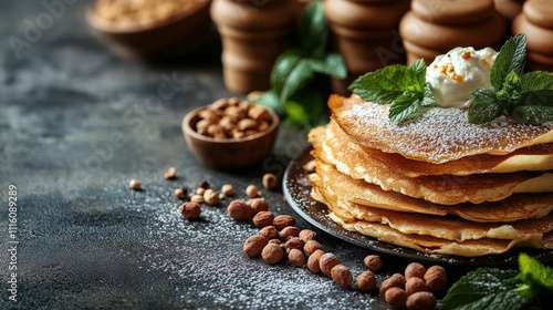 Delicious stack of fluffy pancakes topped with syrup and nuts in a cozy setting