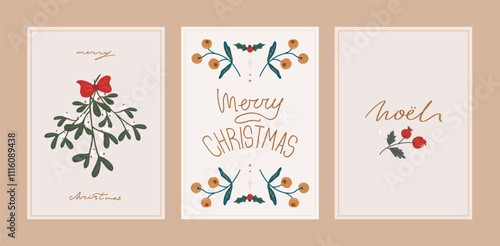 Merry Christmas card set. Elegant greeting cards with ornament in folk and scandinavian style. Mistletoe, red bow, holly. Hand drawn vector illustration templates