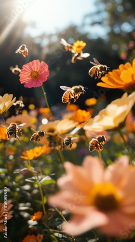 Bees pollinating vibrant flowers in a sunny garden during springtime