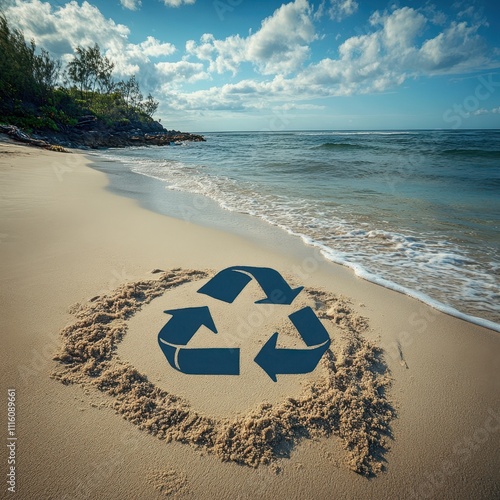 A scenic beach showcases a sand design of a recycling symbol, emphasizing environmental awareness, Ideal for sustainability campaigns, eco-friendly initiatives photo