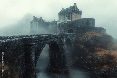 Misty ancient stone fortress bridge in a quiet mountain setting during early ...