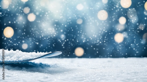 Snowboard resting on pristine snow at sunset in a mountain landscape