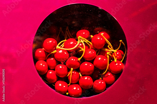 ripe fresh cherries with stems in a supermarket display case