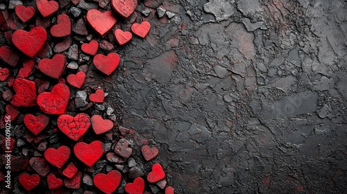 Romantic red hearts scattered on a dark surface for a celebration or special ...