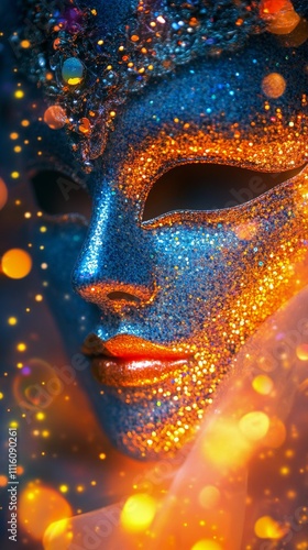 Gorgeous woman in intricate gold mask and dark attire with sparkling effects ...