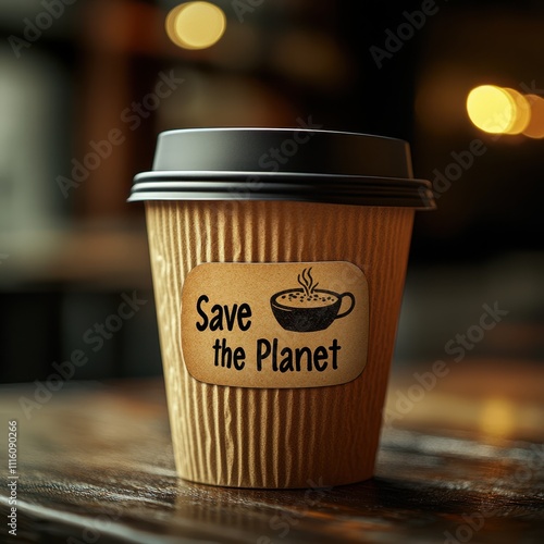 A close-up of a coffee cup featuring an eco-friendly message, perfect for promoting sustainability in cafes or for environmental campaigns, Ideal for marketing materials and social media, photo