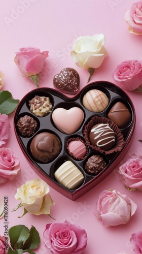 Heart shaped box of assorted chocolates surrounded by fresh roses on a pink b...