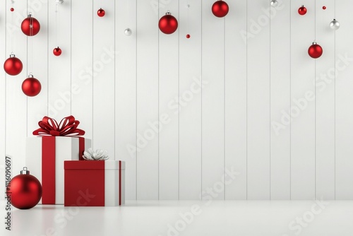 Christmas decorations with red and silver ornaments on a white surface