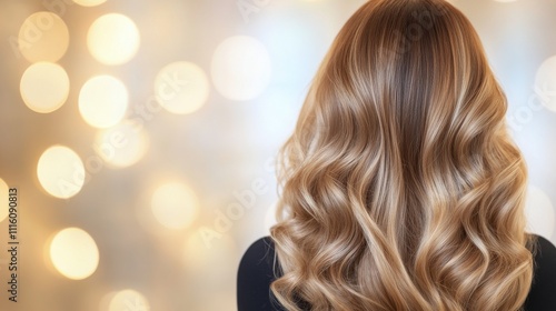 Beautiful long wavy hair showcased against a blurred golden light background
